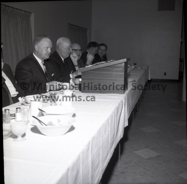 (Tashiro) Nov. 2/67 Sports
Portage Junior Terriers Booster Night
The head table was a chummy place during the sportsmen's dinner Thursday night. Left to right, at top, are Cliff Bagrie, Eddie Cass, Izzie Greenberg, Charlie Raynor and Gabe Pankhurst; at bottom, Joe Sponarski, John Vopni, Gordon Johnston, Harry Foxton, Cliff Kool and Vince Leah.
How many years of active sports association by the quartette in the above photo? Left to right are Louis Costigan, Harry Foxton, Vince Leah and Eddie Cass. You add 'em up. We wouldn't hazard a guess. 11298d.jpg
